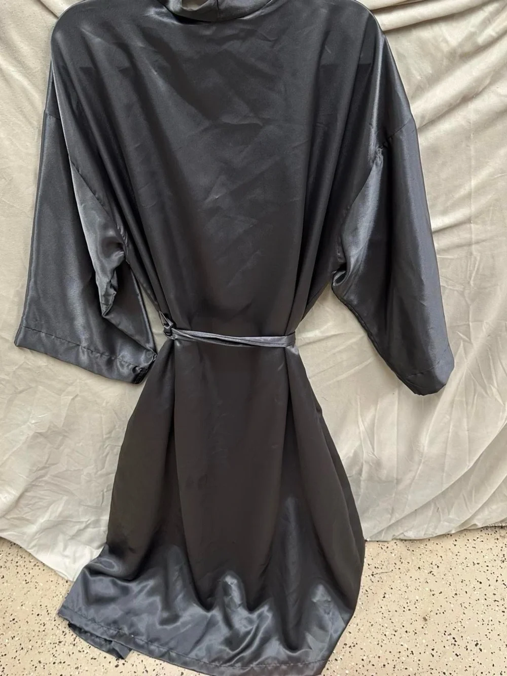 Silky grey lace floral robe.